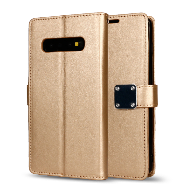 Galaxy S10+ (Plus) Multi Pockets Folio Flip Leather WALLET Case with Strap (Gold)